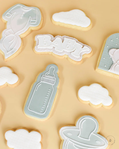 Baby Shower Cookies. Baby bottle cookies, cookies in the form of a baby's pacifier, cloud-shaped cookies