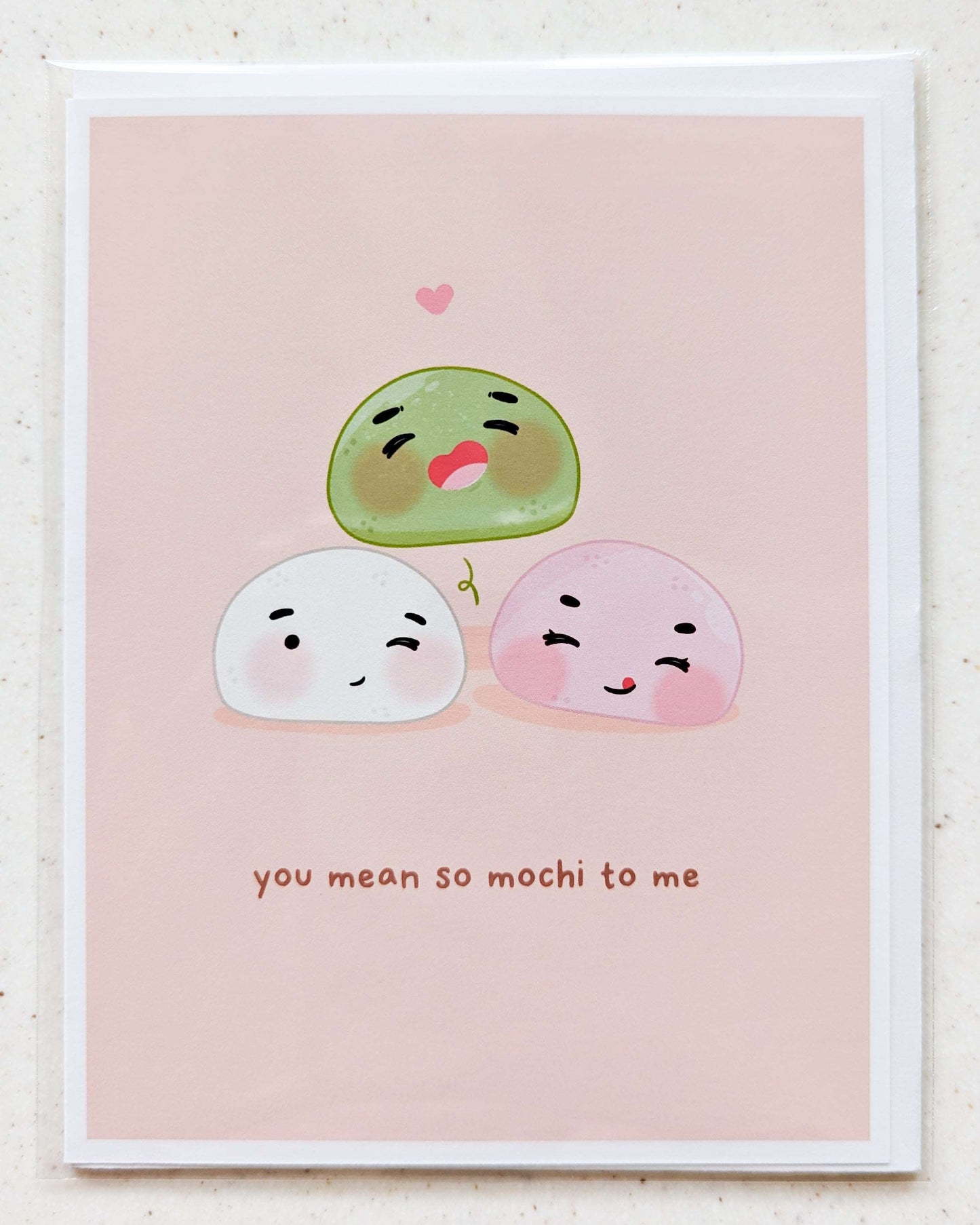 Card with three mochi and caption: you mean so mochi to me